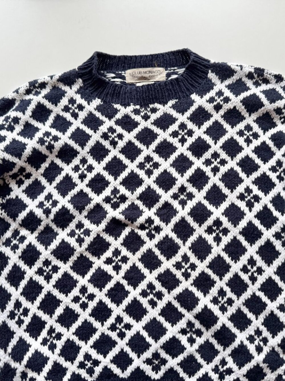 Vintage 80's CLUB MONACO Navy White Birds Eye 100% Cotton Knit Sweater, Size M - Picture 6 of 16